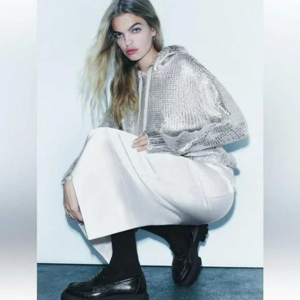 ZARA FOIL HOODED KNIT SWEATSHIRT